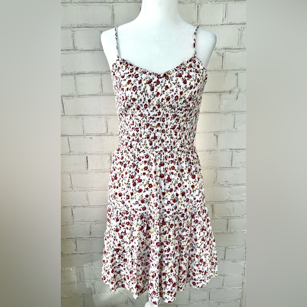 Hollister Red & White Spaghetti Strap Smocked-Top Floral Mini Sundress, Size XS